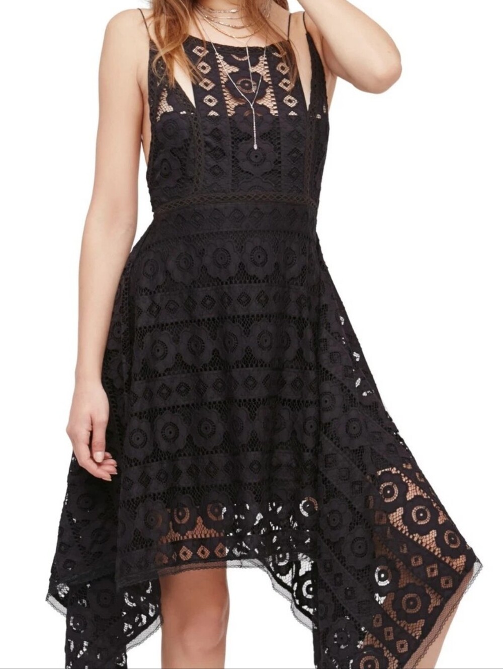 $128 NWT FREE PEOPLE SzS JUST LIKE HONEY LACE ASYMMETRICAL HEM DRESS BLACK 0